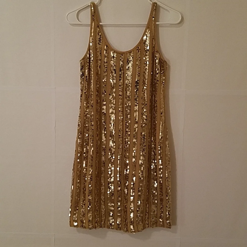 Gold Metallic Sequin and Silk Above Knee Shift Dress Party Dance Prom Sz 2 EUC - Picture 5 of 14